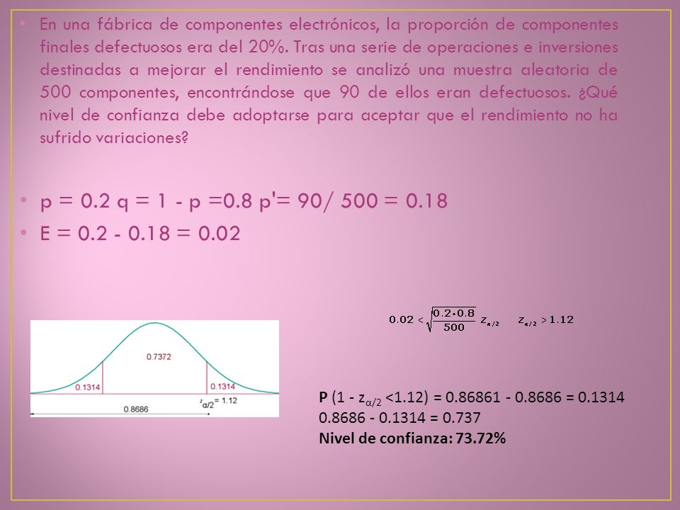 En una fábrica de componentes electrónicos, la proporción de componentes finales defectuosos era del 20%. Tras una serie de operaciones e inversiones destinadas a mejorar el rendimiento se analizó una muestra aleatoria de 500 componentes, encontrándose que 90 de ellos eran defectuosos. ¿Qué nivel de confianza debe adoptarse para aceptar que el rendimiento no ha sufrido variaciones