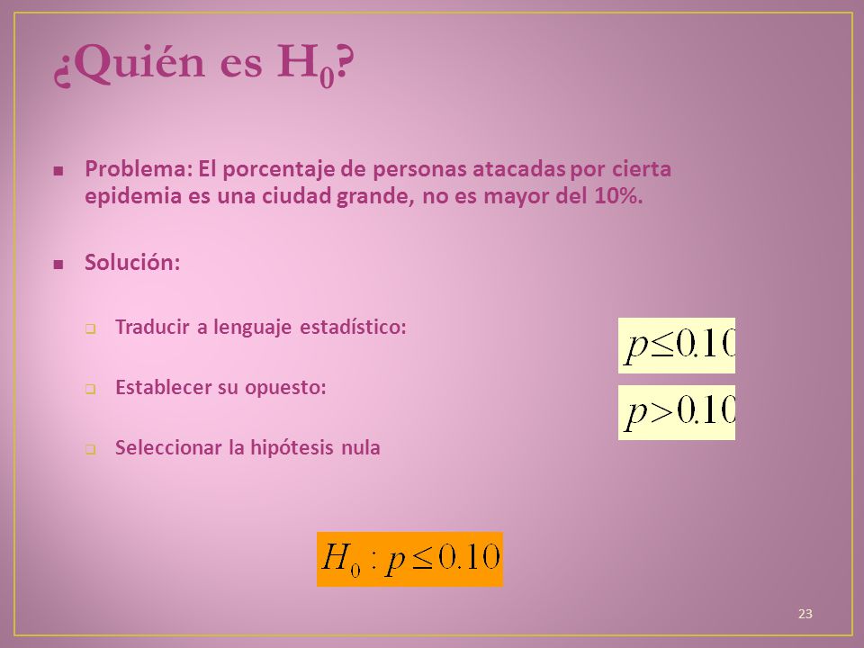 ¿Quién es H0 Problema: El porcentaje de personas atacadas por cierta epidemia es una ciudad grande, no es mayor del 10%.