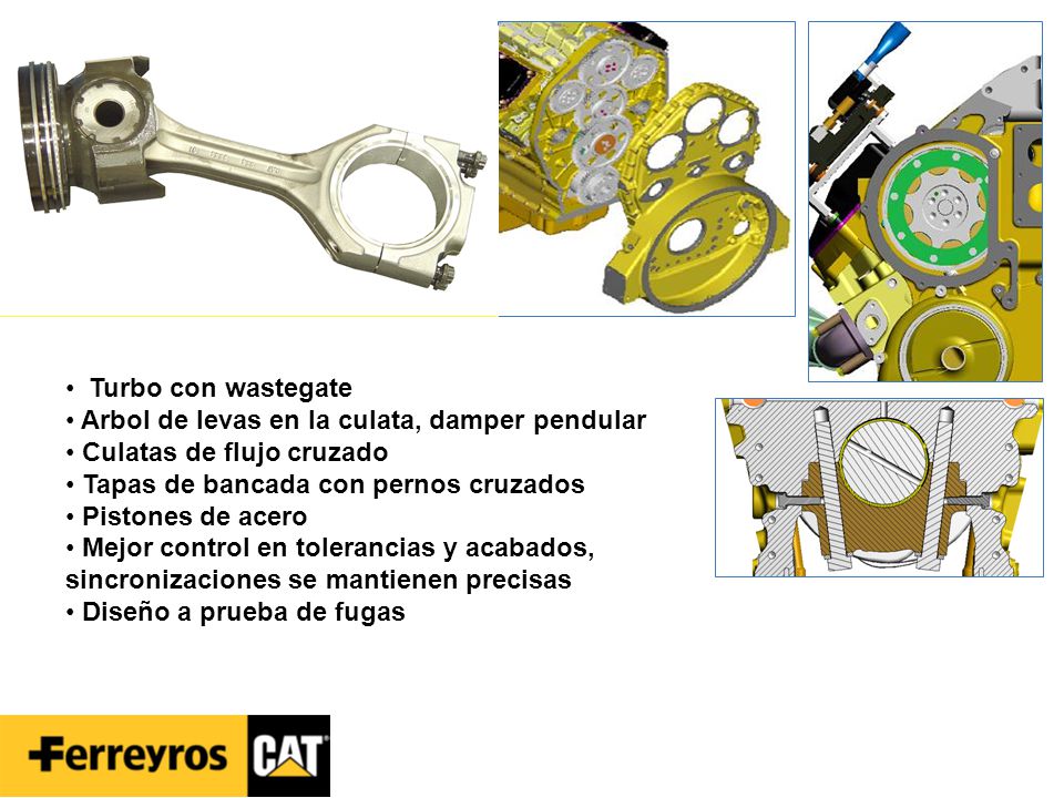 Turbo con wastegate Arbol de levas en la culata, damper pendular. Culatas de flujo cruzado. Tapas de bancada con pernos cruzados.