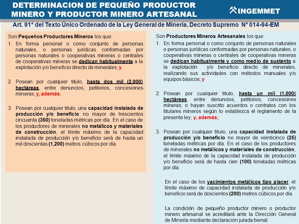 DETERMINACION DE PEQUEÑO PRODUCTOR MINERO Y PRODUCTOR MINERO ARTESANAL