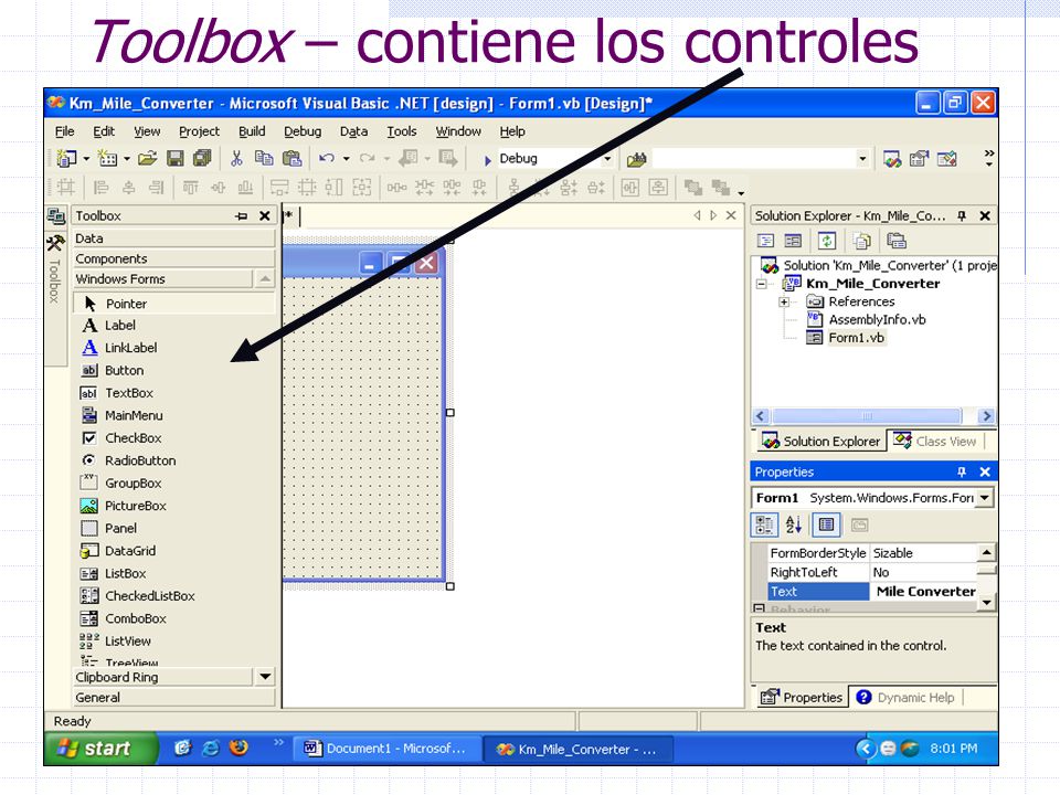 Toolbox – contiene los controles
