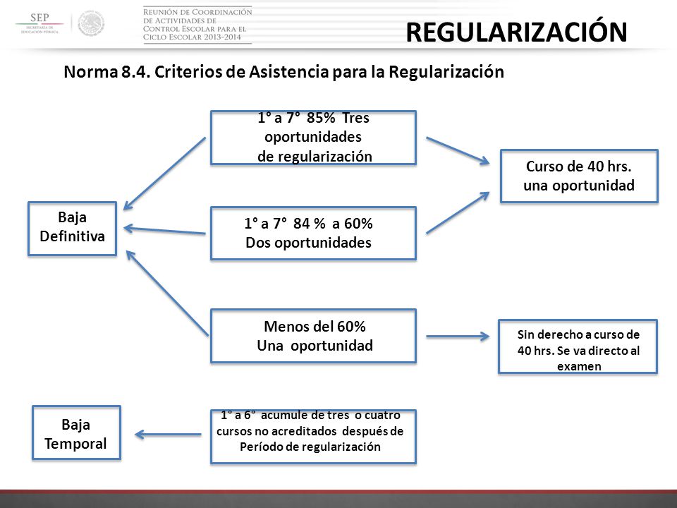 REGULARIZACIÓN Norma 8.4. Criterios de Asistencia para la Regularización. 1° a 7° 85% Tres oportunidades.