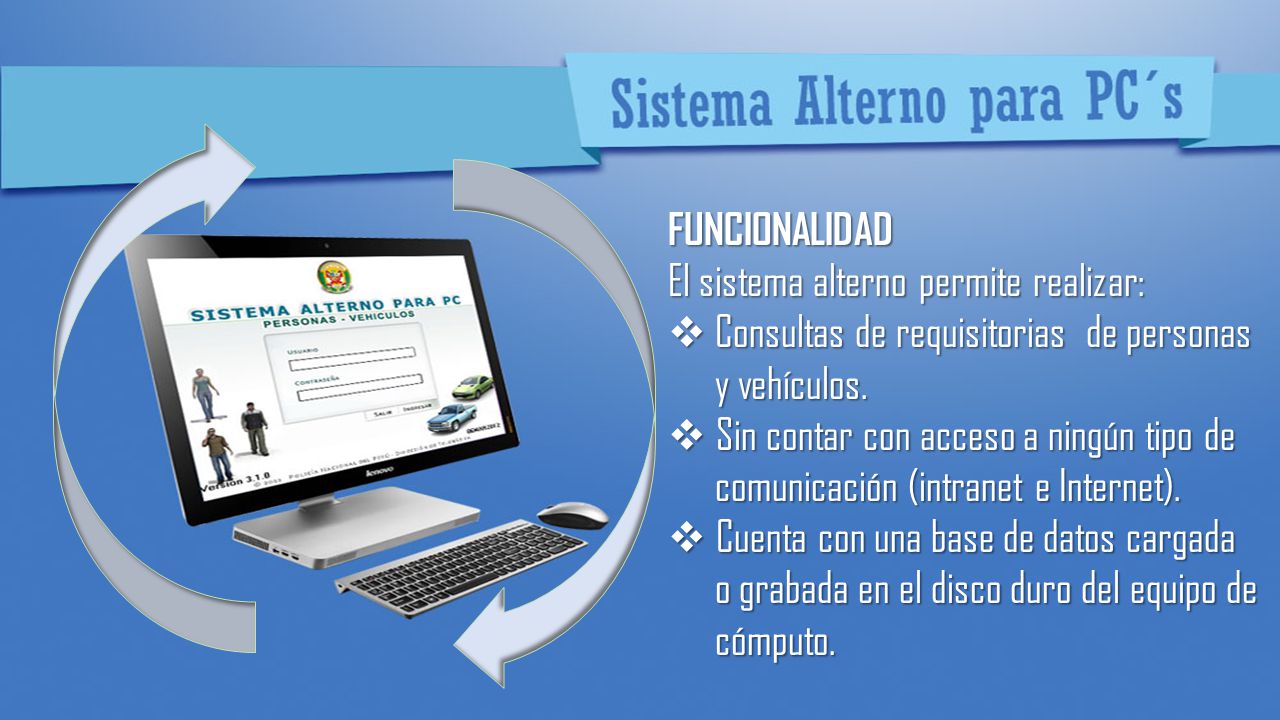 FUNCIONALIDAD El sistema alterno permite realizar: Consultas de requisitorias de personas. y vehículos.
