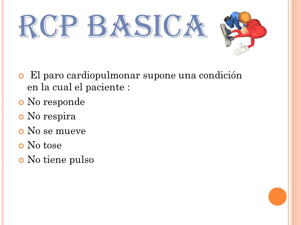 RCP BASICA El paro cardiopulmonar supone una condición en la cual el paciente : No responde. No respira.