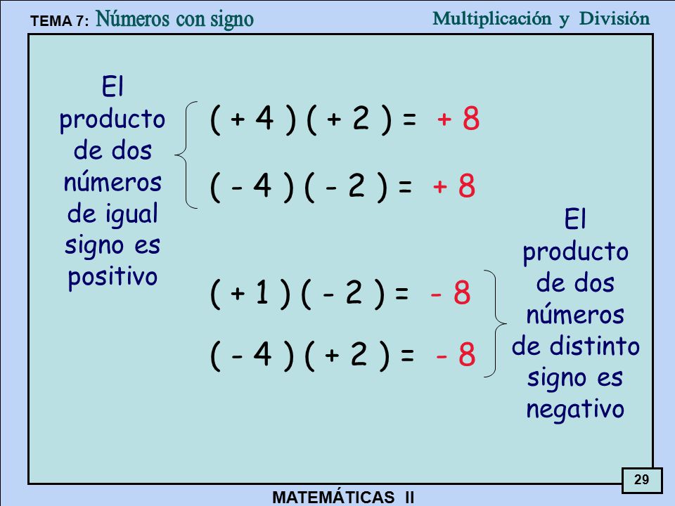 ( + 4 ) ( + 2 ) = + 8 ( - 4 ) ( - 2 ) = + 8 ( + 1 ) ( - 2 ) = - 8