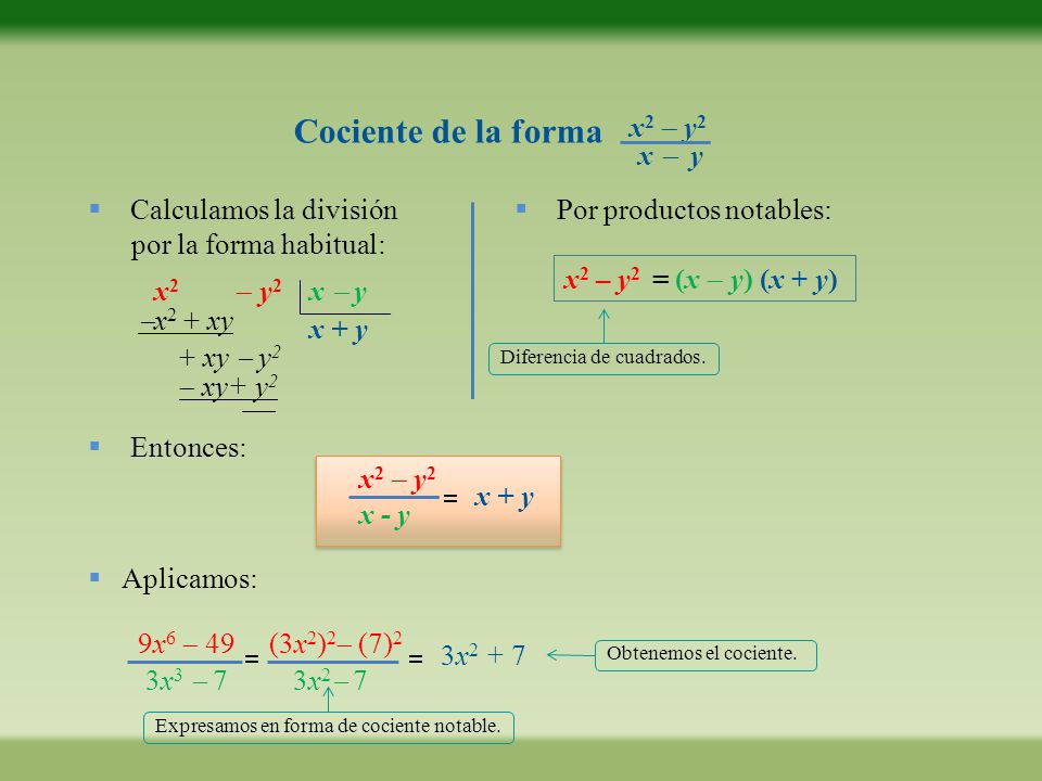 Cociente de la forma x2  y2 x  y Calculamos la división
