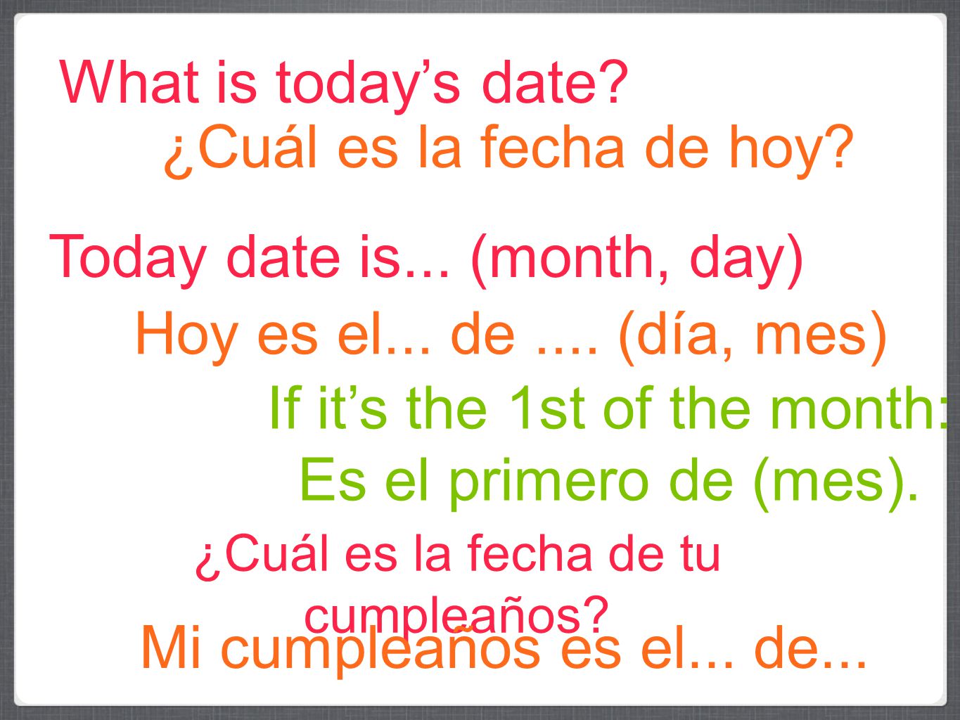 Today date is... (month, day) Hoy es el... de .... (día, mes)