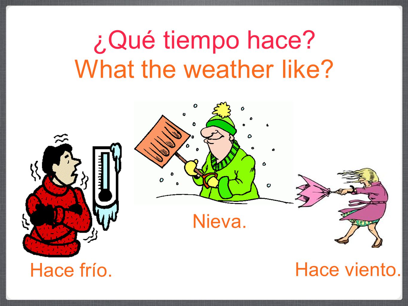 ¿Qué tiempo hace What the weather like Nieva. Hace frío.