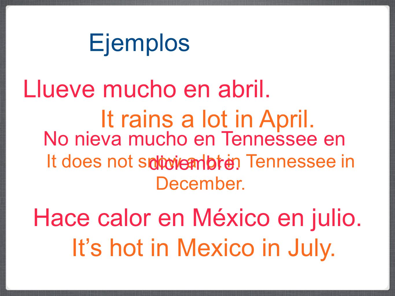 Hace calor en México en julio. It’s hot in Mexico in July.