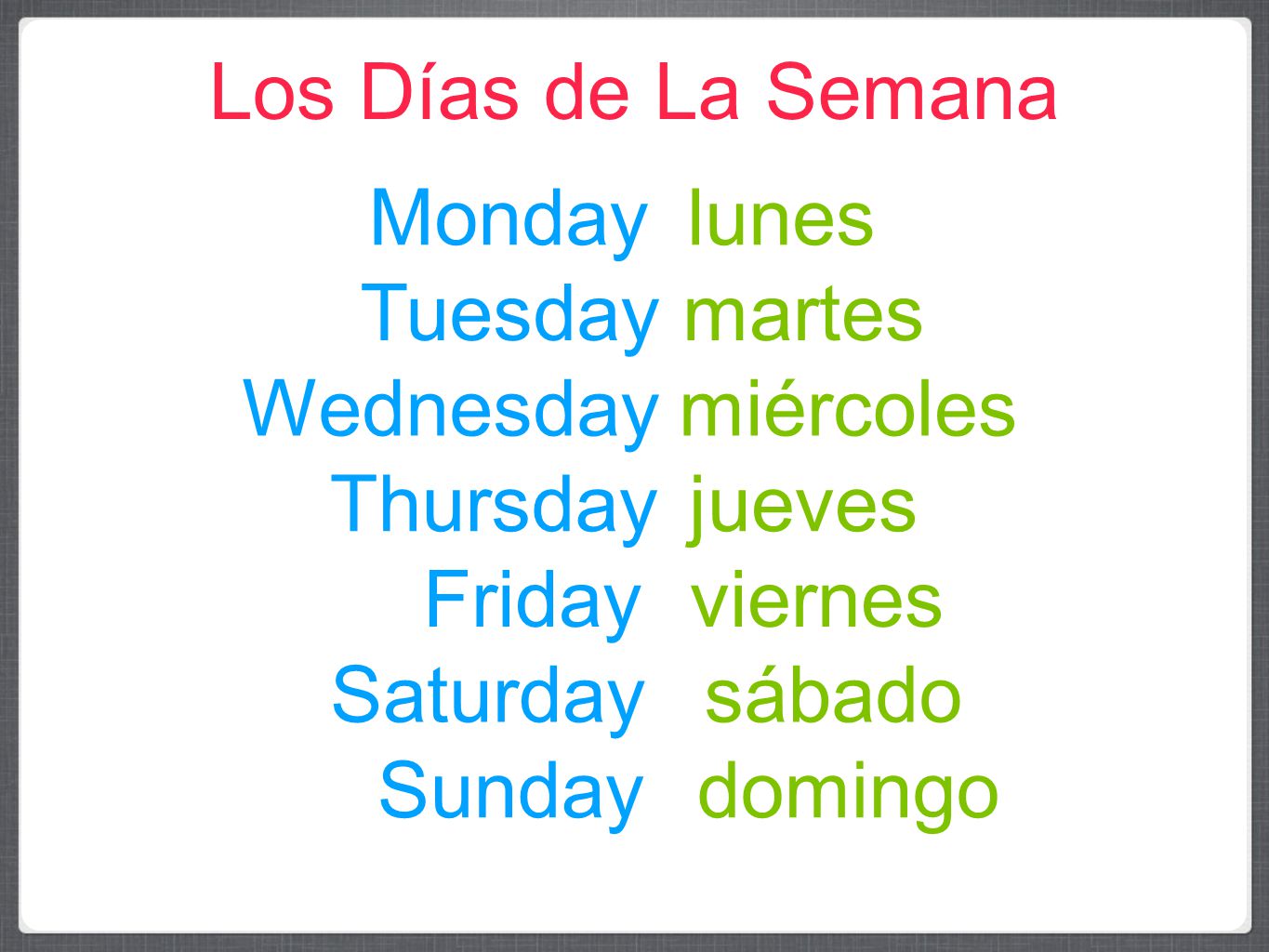 Los Días de La Semana Monday. lunes. Tuesday. martes. Wednesday. miércoles. Thursday. jueves.