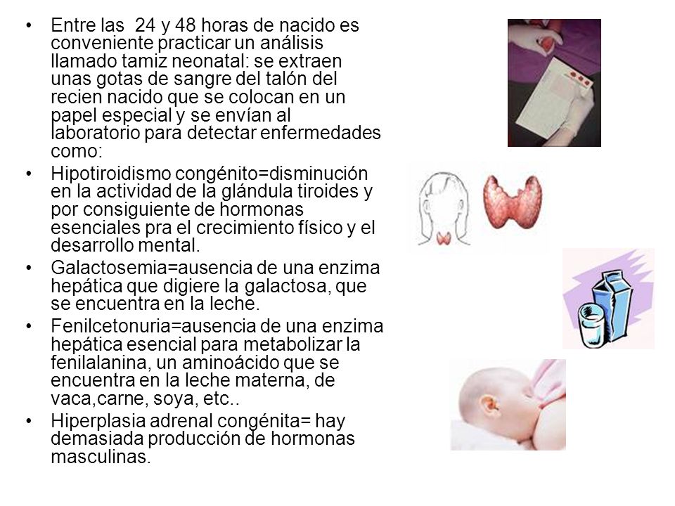 Entre las 24 y 48 horas de nacido es conveniente practicar un análisis llamado tamiz neonatal: se extraen unas gotas de sangre del talón del recien nacido que se colocan en un papel especial y se envían al laboratorio para detectar enfermedades como: