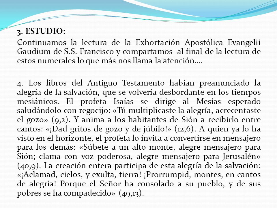 3. ESTUDIO: Continuamos la lectura de la Exhortación Apostólica Evangelii Gaudium de S.S.