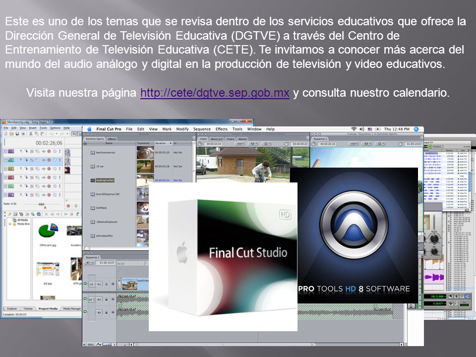 Este es uno de los temas que se revisa dentro de los servicios educativos que ofrece la Dirección General de Televisión Educativa (DGTVE) a través del Centro de Entrenamiento de Televisión Educativa (CETE). Te invitamos a conocer más acerca del mundo del audio análogo y digital en la producción de televisión y video educativos.