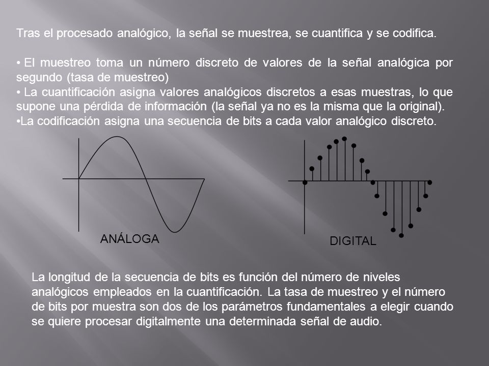 Tras el procesado analógico, la señal se muestrea, se cuantifica y se codifica.
