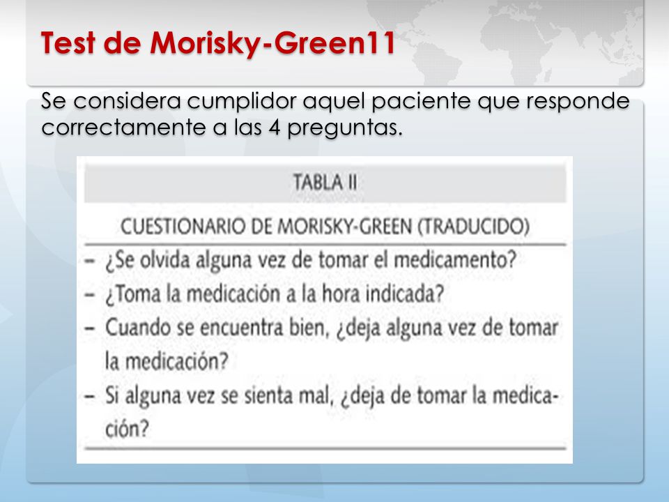 Test de Morisky-Green11 Se considera cumplidor aquel paciente que responde correctamente a las 4 preguntas.