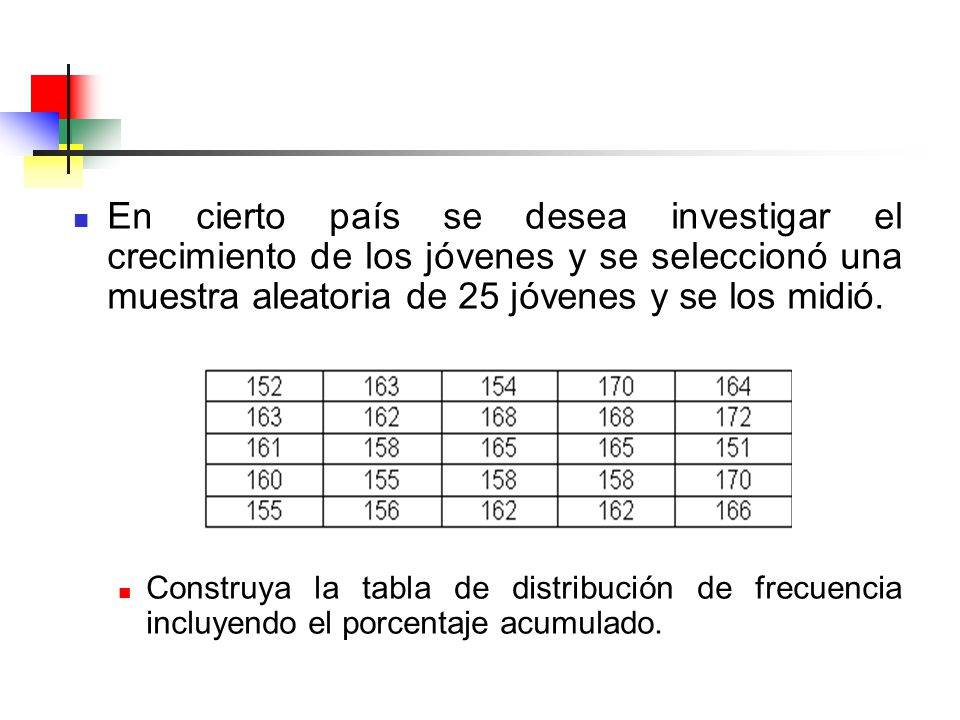 En cierto país se desea investigar el crecimiento de los jóvenes y se seleccionó una muestra aleatoria de 25 jóvenes y se los midió.