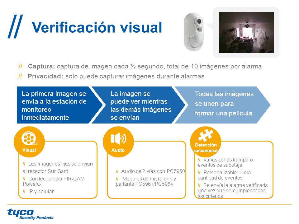 Verificación visual // Captura: captura de imagen cada ½ segundo, total de 10 imágenes por alarma.