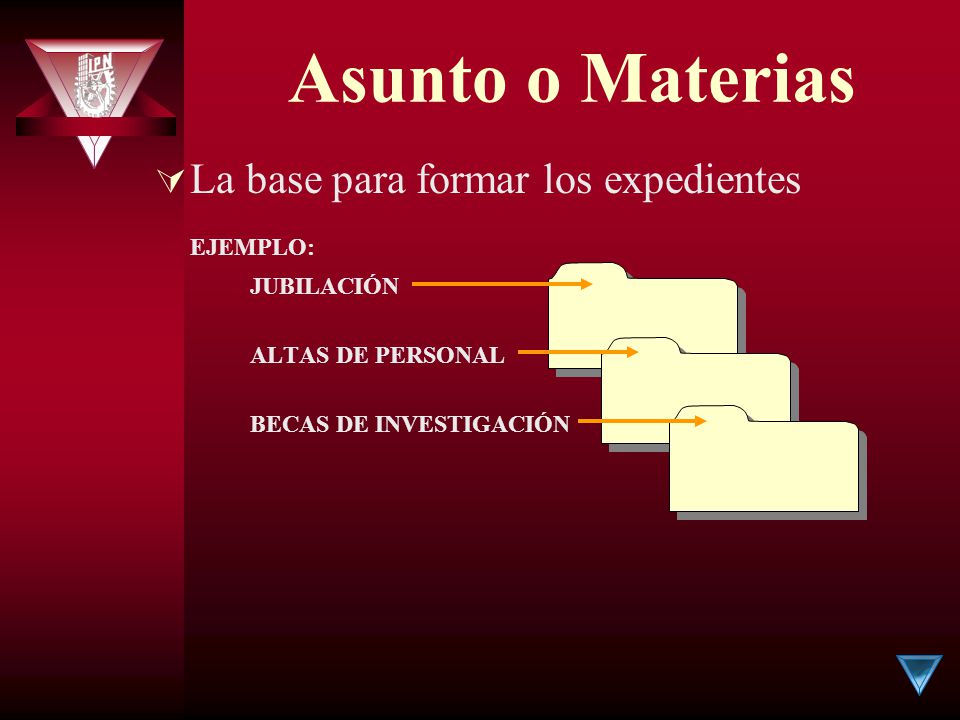 Asunto o Materias La base para formar los expedientes EJEMPLO: