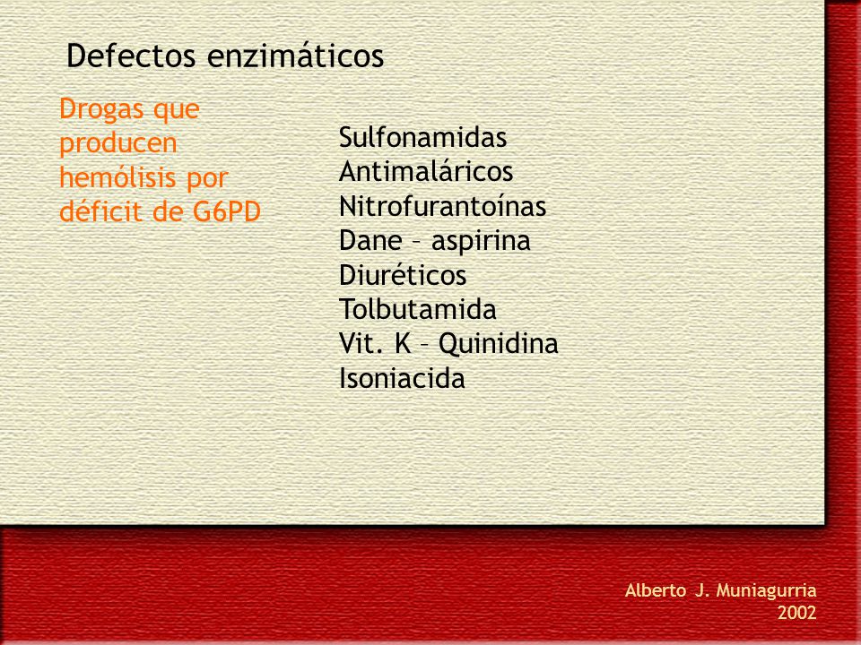 Defectos enzimáticos Drogas que producen hemólisis por déficit de G6PD