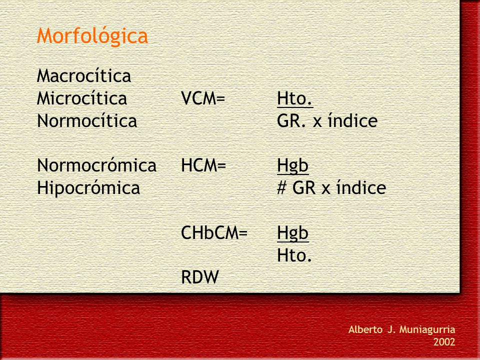 Morfológica Macrocítica Microcítica VCM= Hto. Normocítica GR. x índice