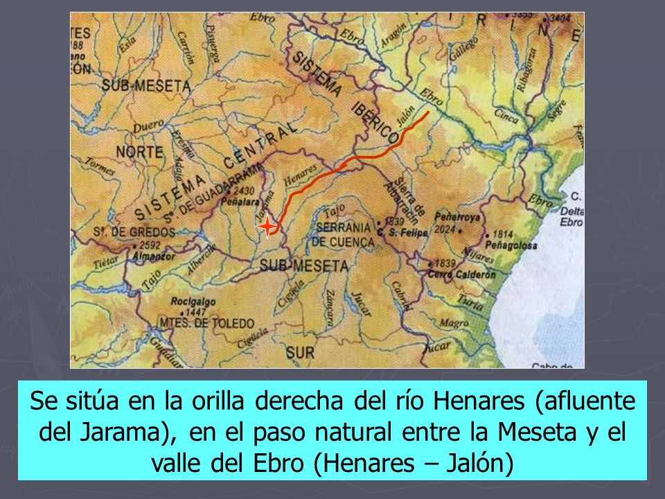 Se sitúa en la orilla derecha del río Henares (afluente del Jarama), en el paso natural entre la Meseta y el valle del Ebro (Henares – Jalón)