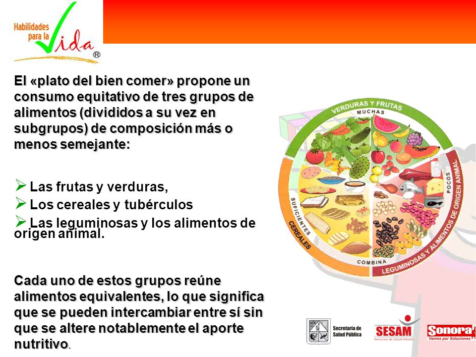 El «plato del bien comer» propone un consumo equitativo de tres grupos de alimentos (divididos a su vez en subgrupos) de composición más o menos semejante:
