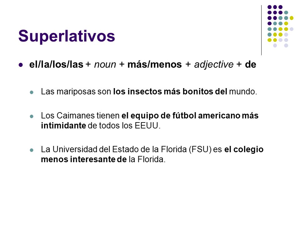 Superlativos el/la/los/las + noun + más/menos + adjective + de