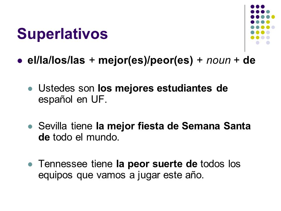 Superlativos el/la/los/las + mejor(es)/peor(es) + noun + de