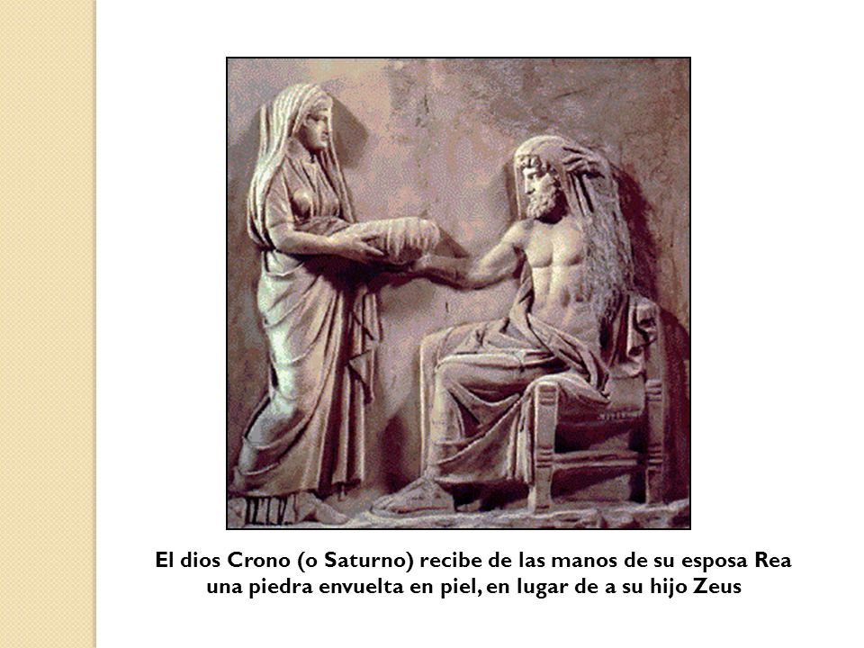 El dios Crono (o Saturno) recibe de las manos de su esposa Rea una piedra envuelta en piel, en lugar de a su hijo Zeus