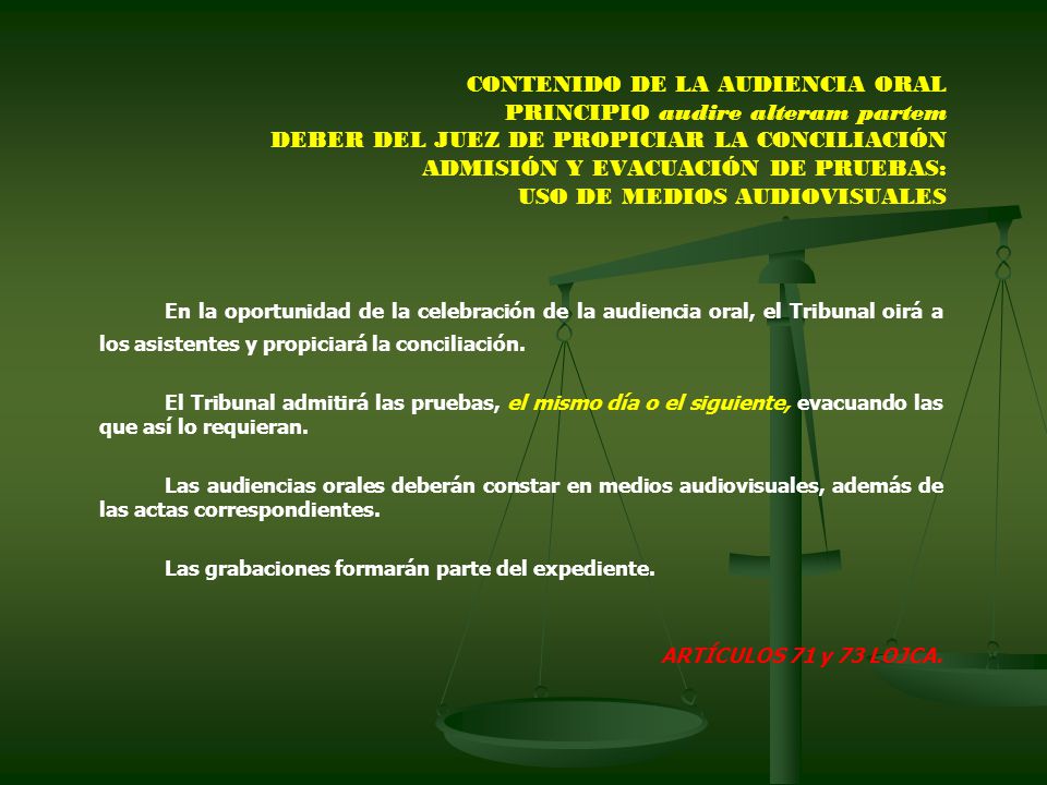 CONTENIDO DE LA AUDIENCIA ORAL PRINCIPIO audire alteram partem DEBER DEL JUEZ DE PROPICIAR LA CONCILIACIÓN ADMISIÓN Y EVACUACIÓN DE PRUEBAS: USO DE MEDIOS AUDIOVISUALES