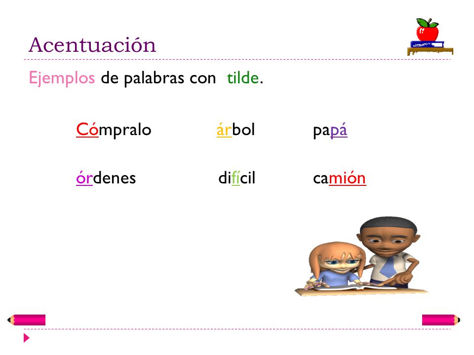 Acentuación Ejemplos de palabras con tilde. Cómpralo árbol papá órdenes difícil camión