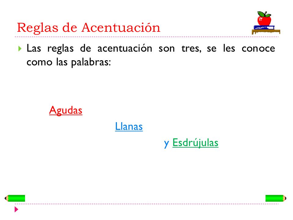 Reglas de Acentuación Las reglas de acentuación son tres, se les conoce como las palabras: Agudas.