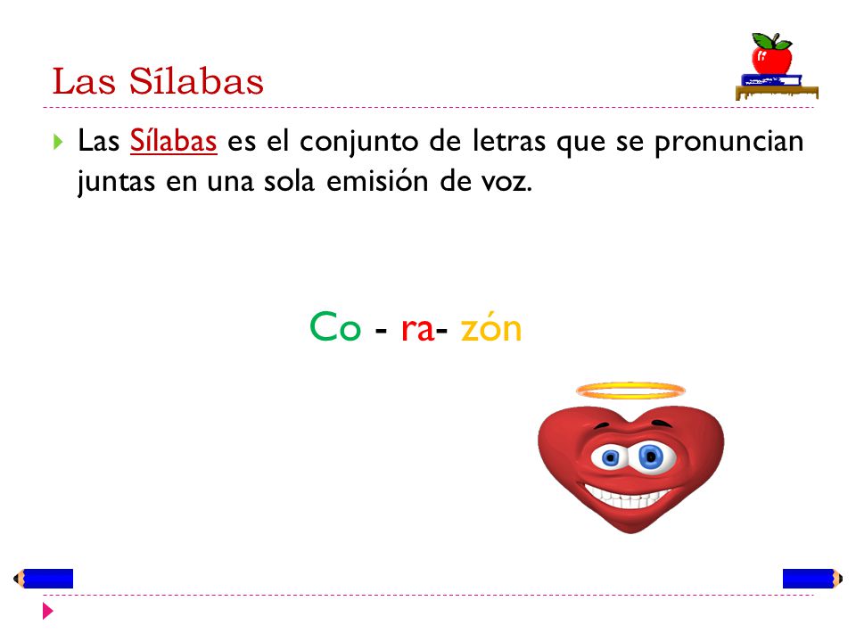 Las Sílabas Las Sílabas es el conjunto de letras que se pronuncian juntas en una sola emisión de voz.