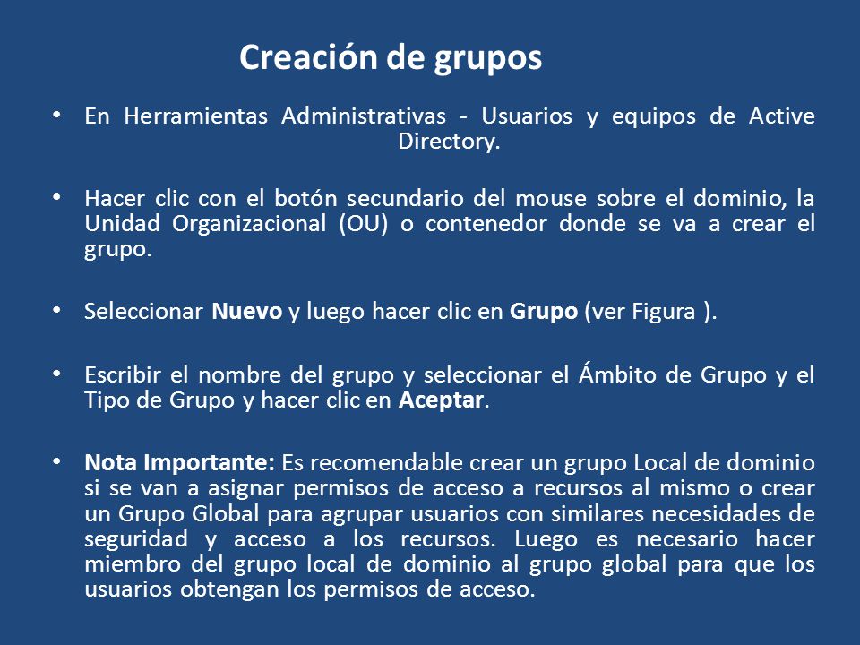 Creación de grupos En Herramientas Administrativas - Usuarios y equipos de Active Directory.
