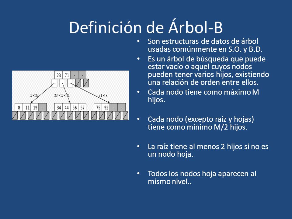 Definición de Árbol-B Son estructuras de datos de árbol usadas comúnmente en S.O. y B.D.