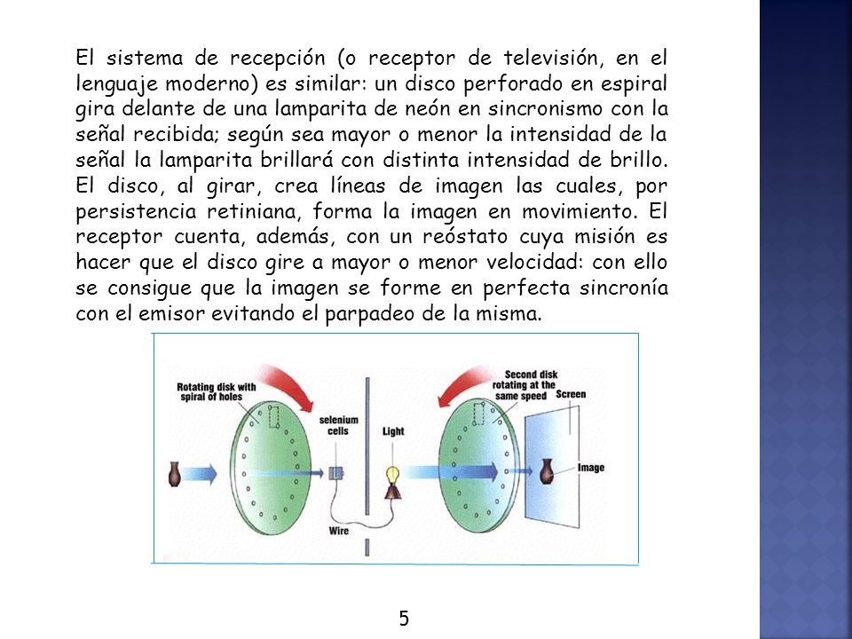 El sistema de recepción (o receptor de televisión, en el lenguaje moderno) es similar: un disco perforado en espiral gira delante de una lamparita de neón en sincronismo con la señal recibida; según sea mayor o menor la intensidad de la señal la lamparita brillará con distinta intensidad de brillo. El disco, al girar, crea líneas de imagen las cuales, por persistencia retiniana, forma la imagen en movimiento. El receptor cuenta, además, con un reóstato cuya misión es hacer que el disco gire a mayor o menor velocidad: con ello se consigue que la imagen se forme en perfecta sincronía con el emisor evitando el parpadeo de la misma.