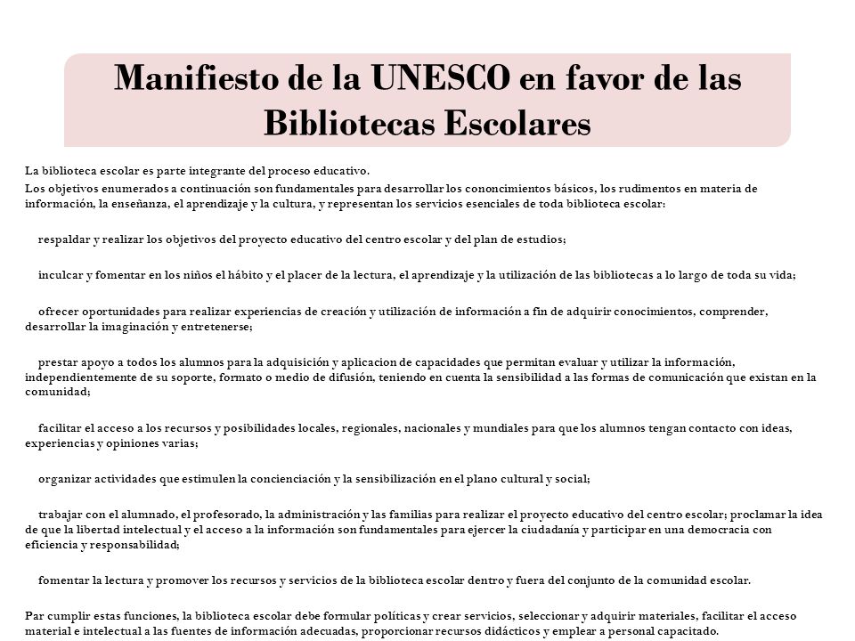 Manifiesto de la UNESCO en favor de las Bibliotecas Escolares