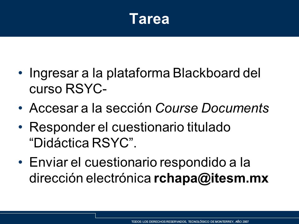 Tarea Ingresar a la plataforma Blackboard del curso RSYC-
