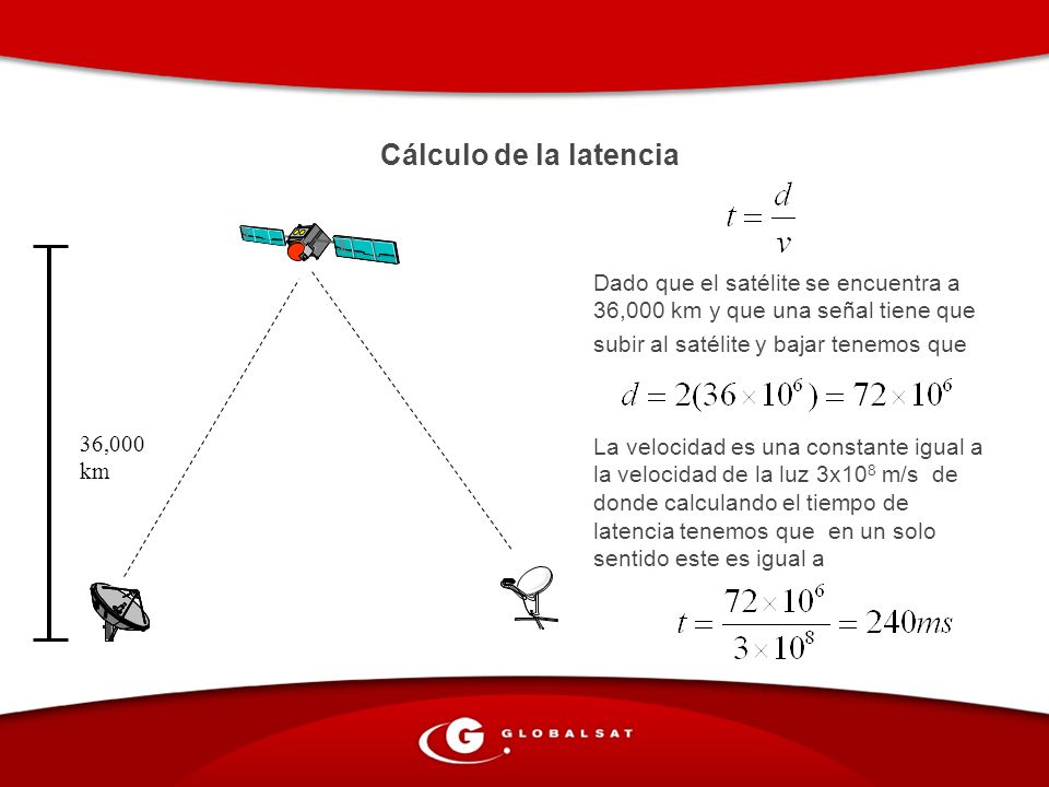 Cálculo de la latencia Dado que el satélite se encuentra a 36,000 km y que una señal tiene que subir al satélite y bajar tenemos que.