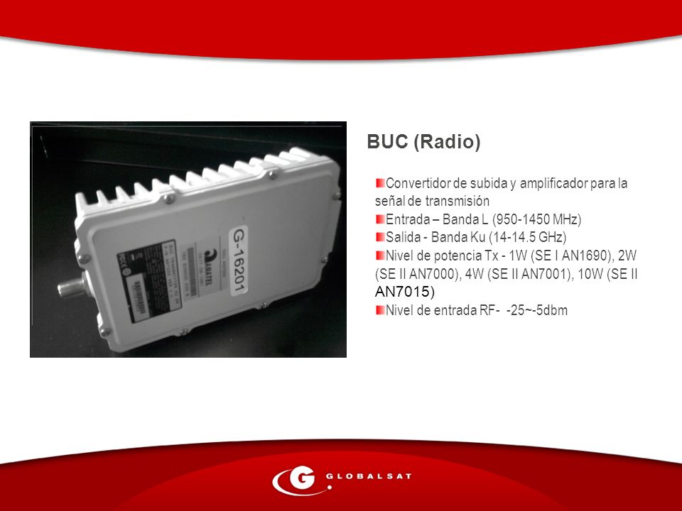 BUC (Radio) Convertidor de subida y amplificador para la señal de transmisión. Entrada – Banda L ( MHz)