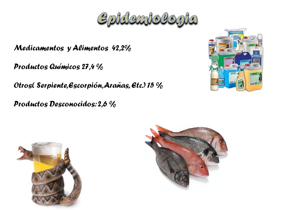 Epidemiologia Medicamentos y Alimentos 42,2% Productos Químicos 27,4 %