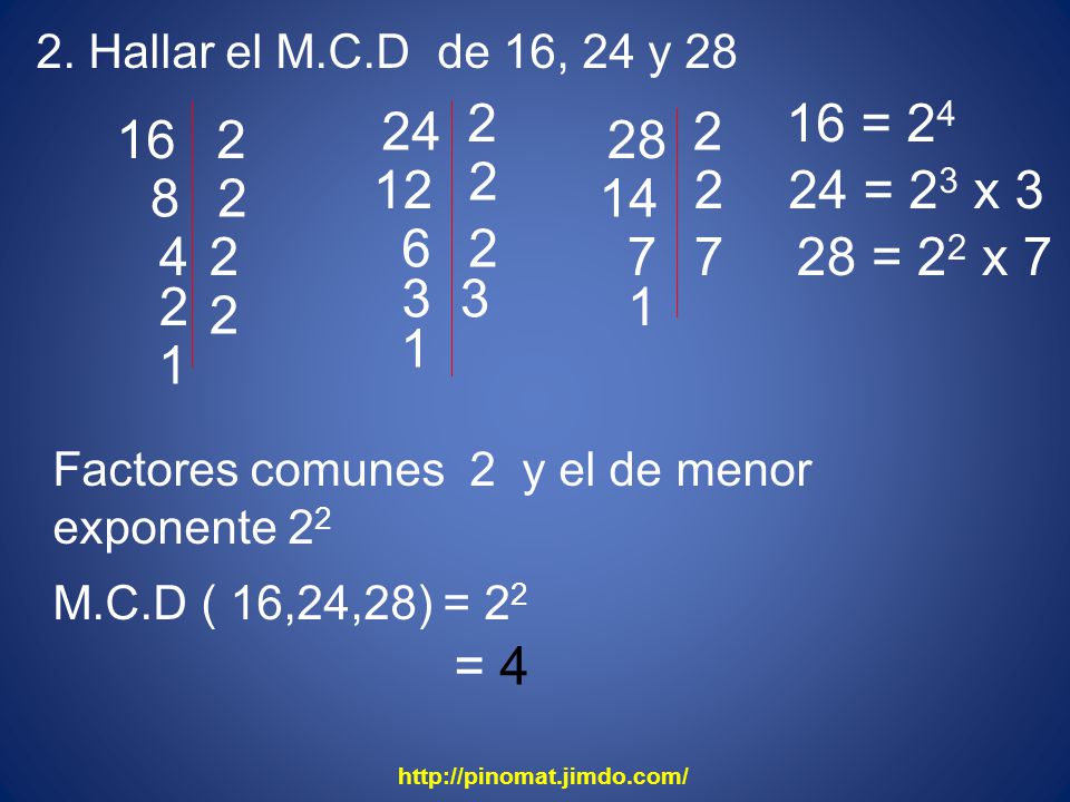 2. Hallar el M.C.D de 16, 24 y = = 23 x