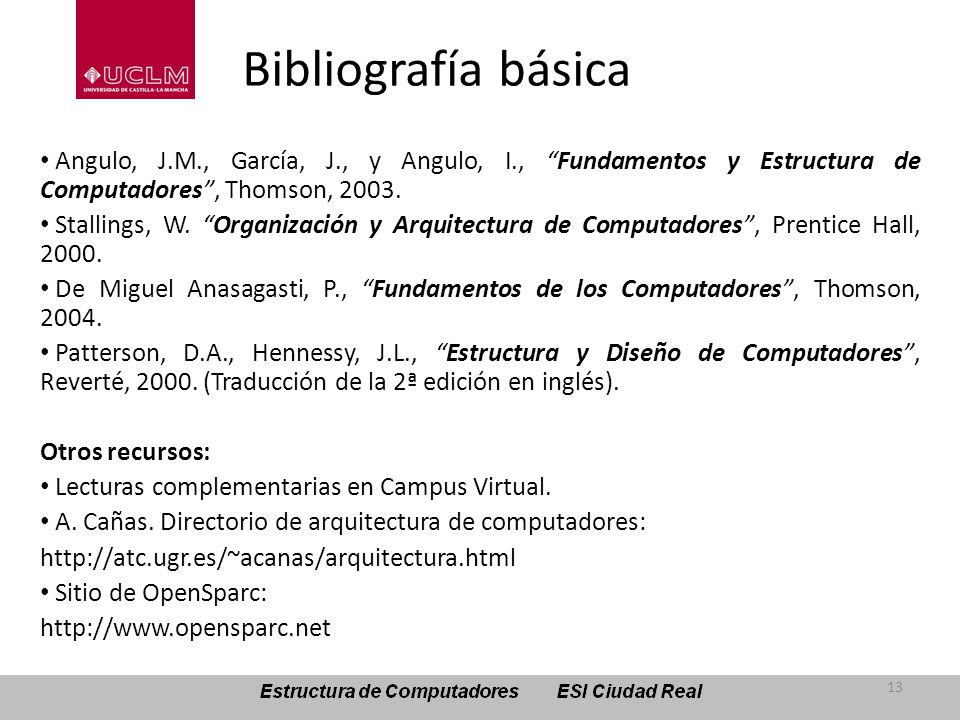 Bibliografía básica Angulo, J.M., García, J., y Angulo, I., Fundamentos y Estructura de Computadores , Thomson,
