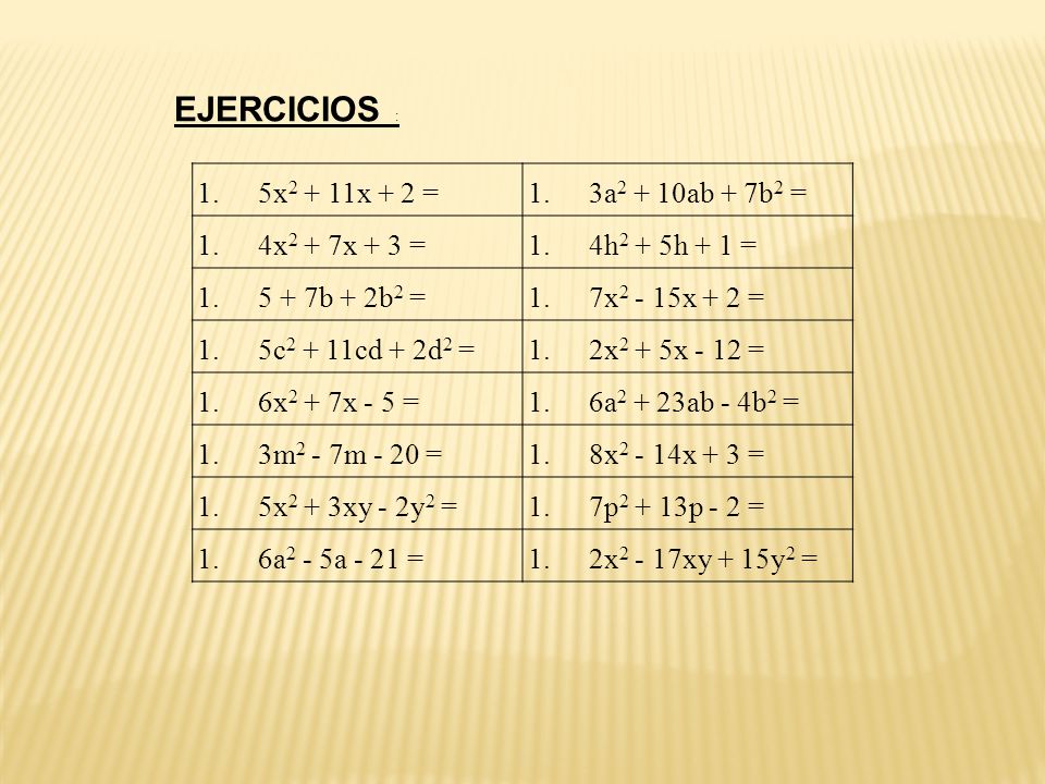 EJERCICIOS : 5x2 + 11x + 2 = 3a2 + 10ab + 7b2 = 4x2 + 7x + 3 =