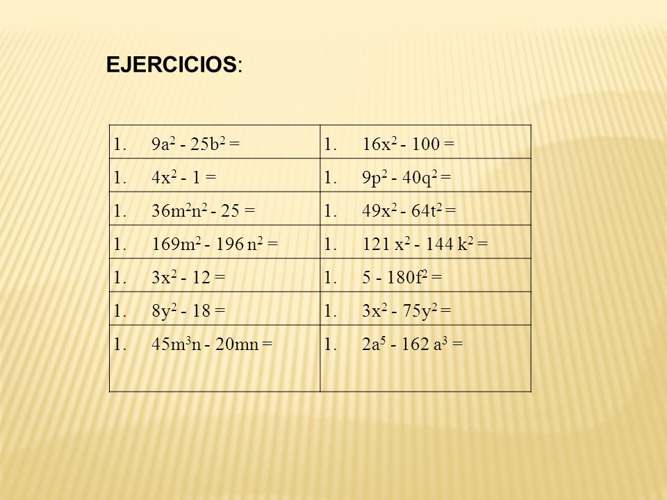 EJERCICIOS: 9a2 - 25b2 = 16x = 4x2 - 1 = 9p2 - 40q2 =