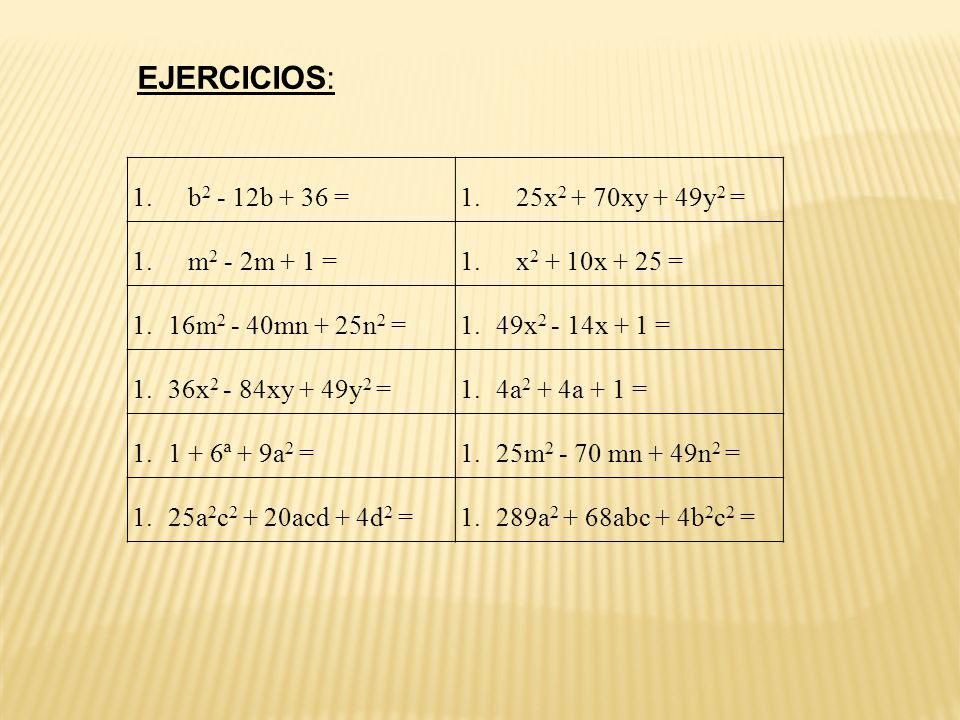 EJERCICIOS: b2 - 12b + 36 = 25x2 + 70xy + 49y2 = m2 - 2m + 1 =
