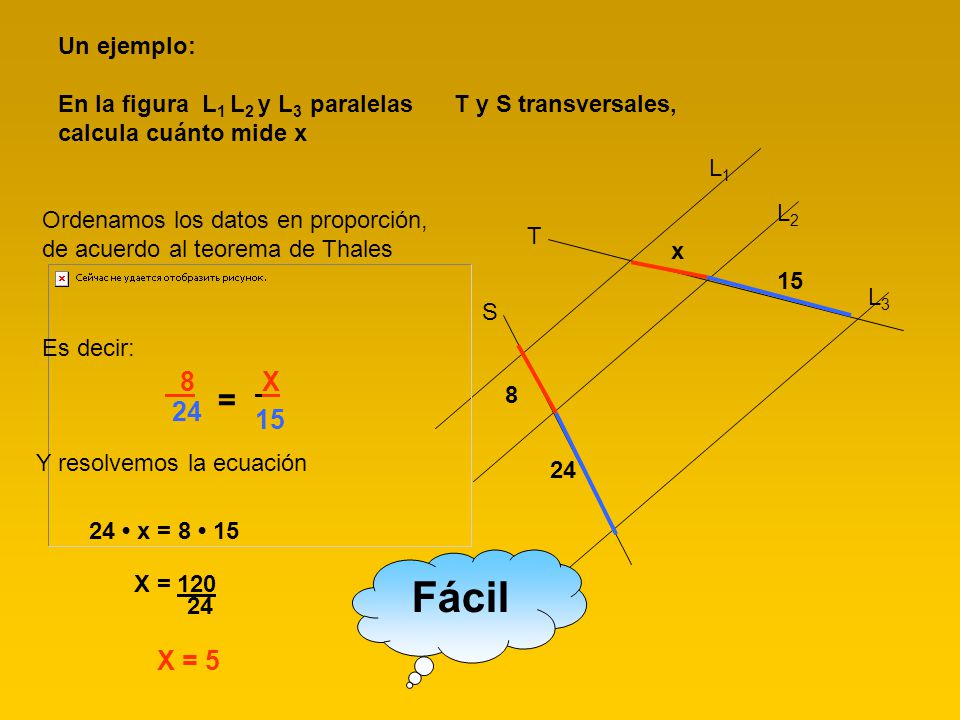 Un ejemplo: En la figura L1 L2 y L3 paralelas T y S transversales, calcula cuánto mide x