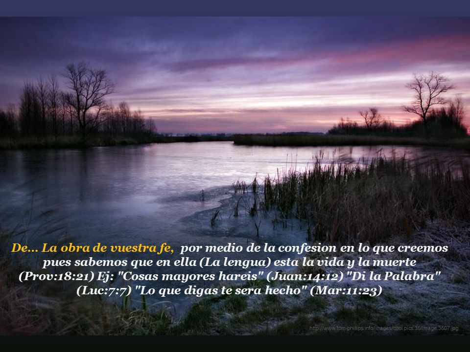 De… La obra de vuestra fe, por medio de la confesion en lo que creemos pues sabemos que en ella (La lengua) esta la vida y la muerte (Prov:18:21) Ej: Cosas mayores hareis (Juan:14:12) Di la Palabra (Luc:7:7) Lo que digas te sera hecho (Mar:11:23)