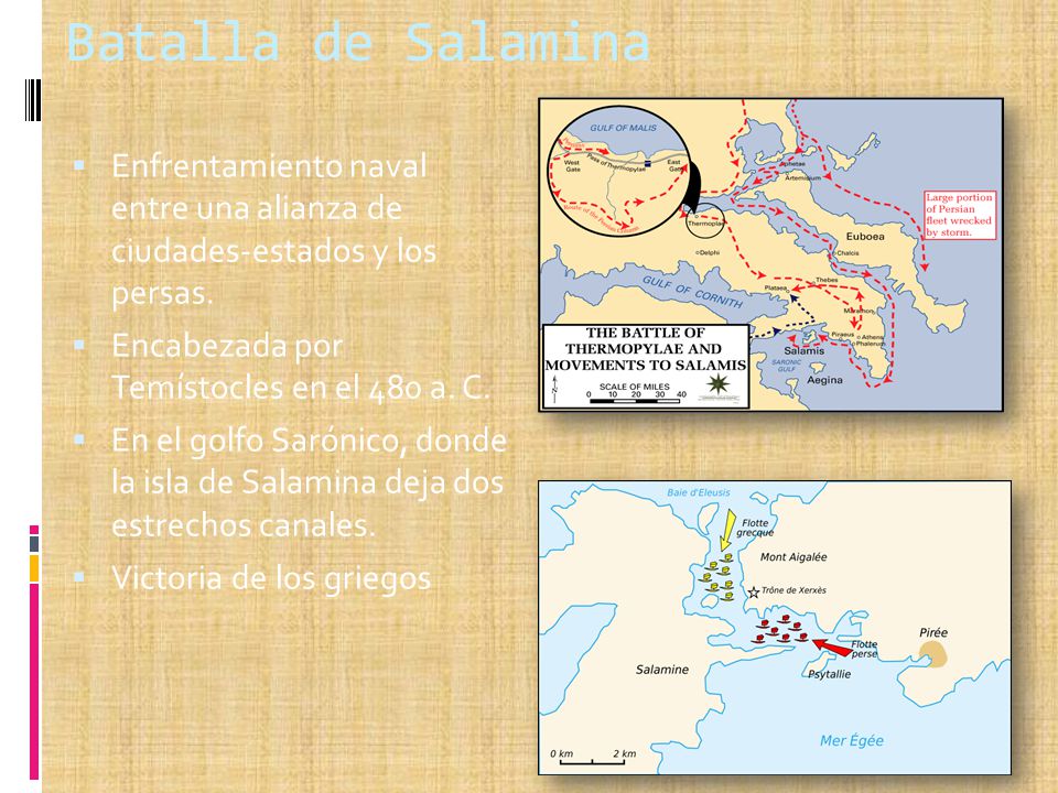 Batalla de Salamina Enfrentamiento naval entre una alianza de ciudades-estados y los persas. Encabezada por Temístocles en el 480 a. C.