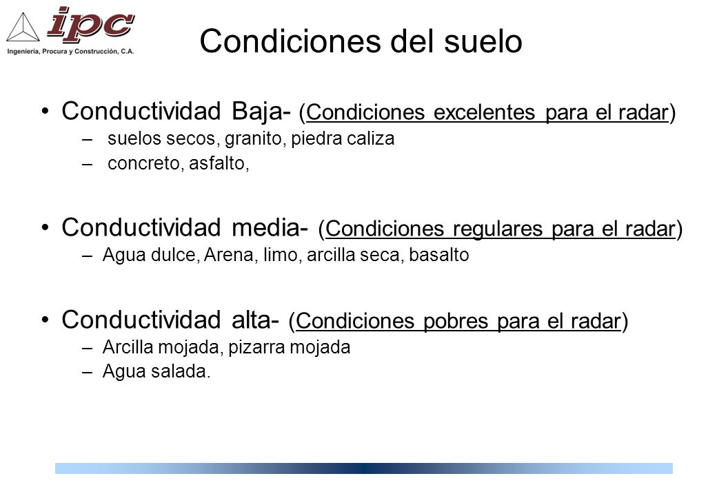 Condiciones del suelo Conductividad Baja- (Condiciones excelentes para el radar) suelos secos, granito, piedra caliza.